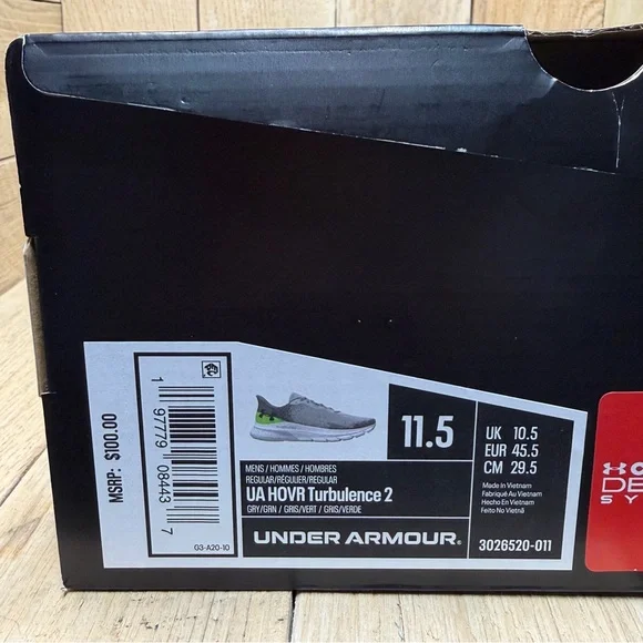 Under Armour HOVR Turbulence 2 Men’s Running Shoes Size 11.5 Gray/Green NWT